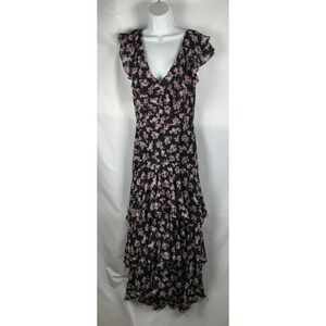 WAYF Woman's Size S Black Tiered Ruffle Floral Hi/Lo Hem Chiffon Lined Maxi